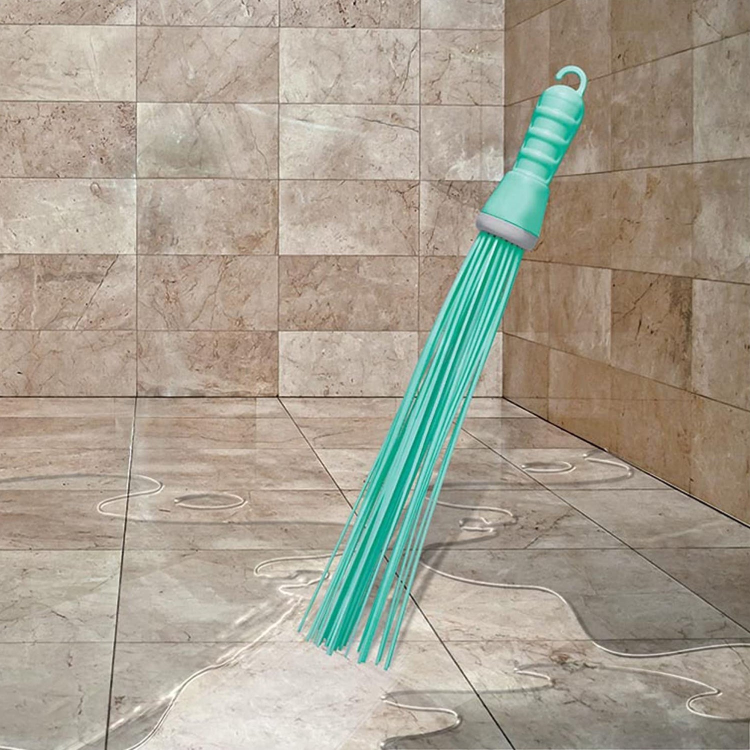 Hard bristle broom with plastic handle, bathroom use Hard bristle broom with plastic handle, bathroom use